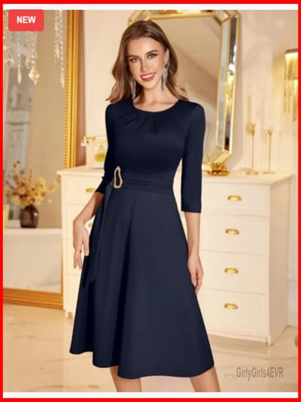 Elegant 3/4 Sleeve Fit & Flare Midi Cocktail Dress Formal Party
